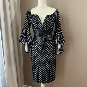 Black and White Sheath Dress with Plunge Neckline and Bell Sleeves
